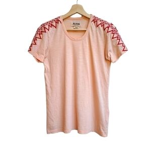 Pepin Distressed Embroidered Shoulder Cotton T-shirt, Peachy Pink, Size Small